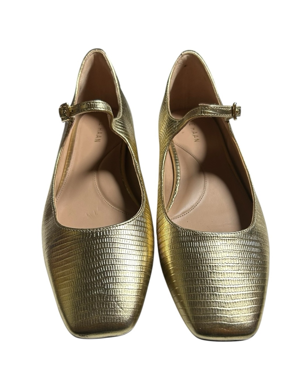 Cole Haan Mary Jane Ballet Flats Gold Lizard-Print Leather Square Toe Size 8.5 - Picture 4 of 6